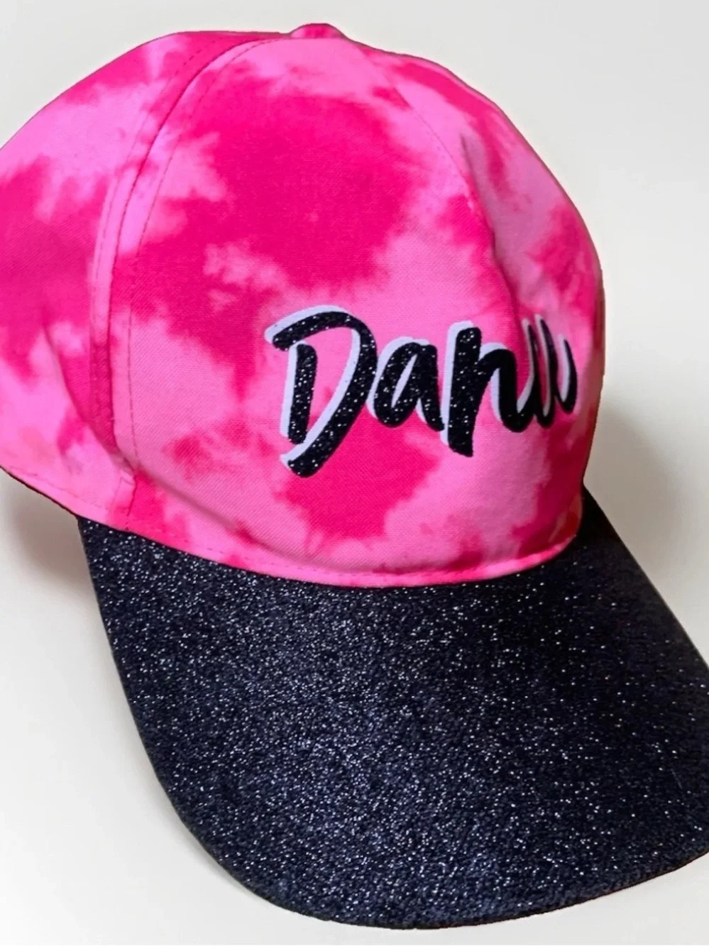 Kids Pink Tie-Dye Cap with Black Glitter Brim